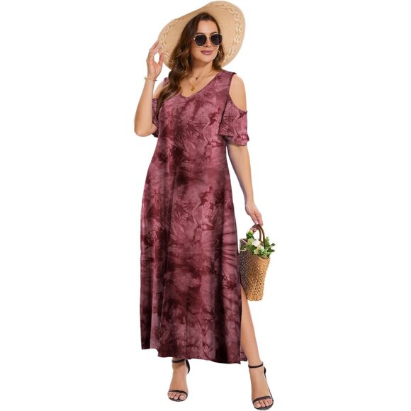 Plus Size Summer Dress Women V-Neck Short Sleeve Pockets Beach Maxi - Picture 5 of 6